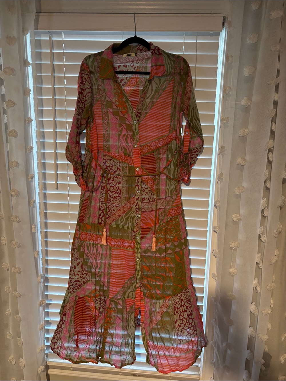 Patchwork Maxi Shirt Dress in Pink and Green
